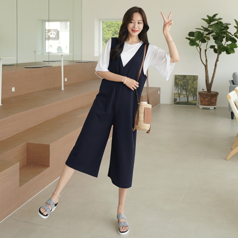 clicknfunny-갓이득 점프수트+티셔츠SET♡韓國女裝褲