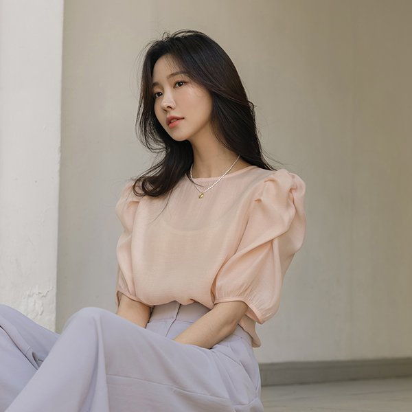 ode - 로맨틱 시스루 셔링 퍼프 텐셀 블라우스♡韓國女裝上衣