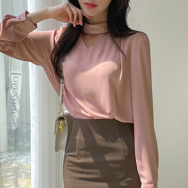 ode-초커넥 포인트 숄더 셔링 블라우스 ♡韓國女裝上衣