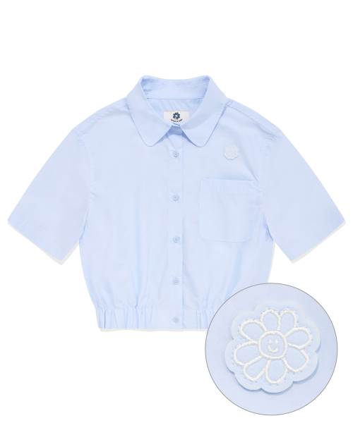 韓國What it isNt - Women’s Flowy Embroidery Pocket Banding Short Sleeve Shirt Sky Blue