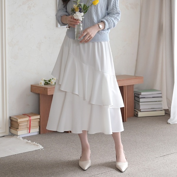 DailyN - [자체제작러블리] 플레어 쉬폰 프릴 캉캉 밴딩 롱 스커트♡韓國女裝裙