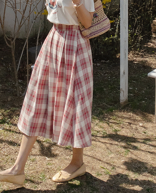 leelin - [체크무드 핀턱 플레어 밴딩 스커트[size:F(55~66반)]]♡韓國女裝裙