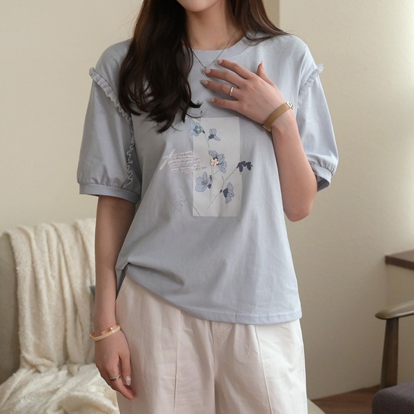 DailyN - [러블리프릴] 어뮤즈 여름 셔링 반팔 티 꽃 자수 프린팅 티셔츠♡韓國女裝上衣