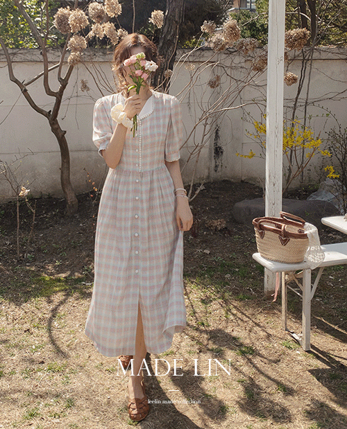 leelin - [[신상 1만원특가]MADE LIN캔디 레이스 체크 쉬폰 원피스[size:F(55~66)]]♡韓國女裝連身裙